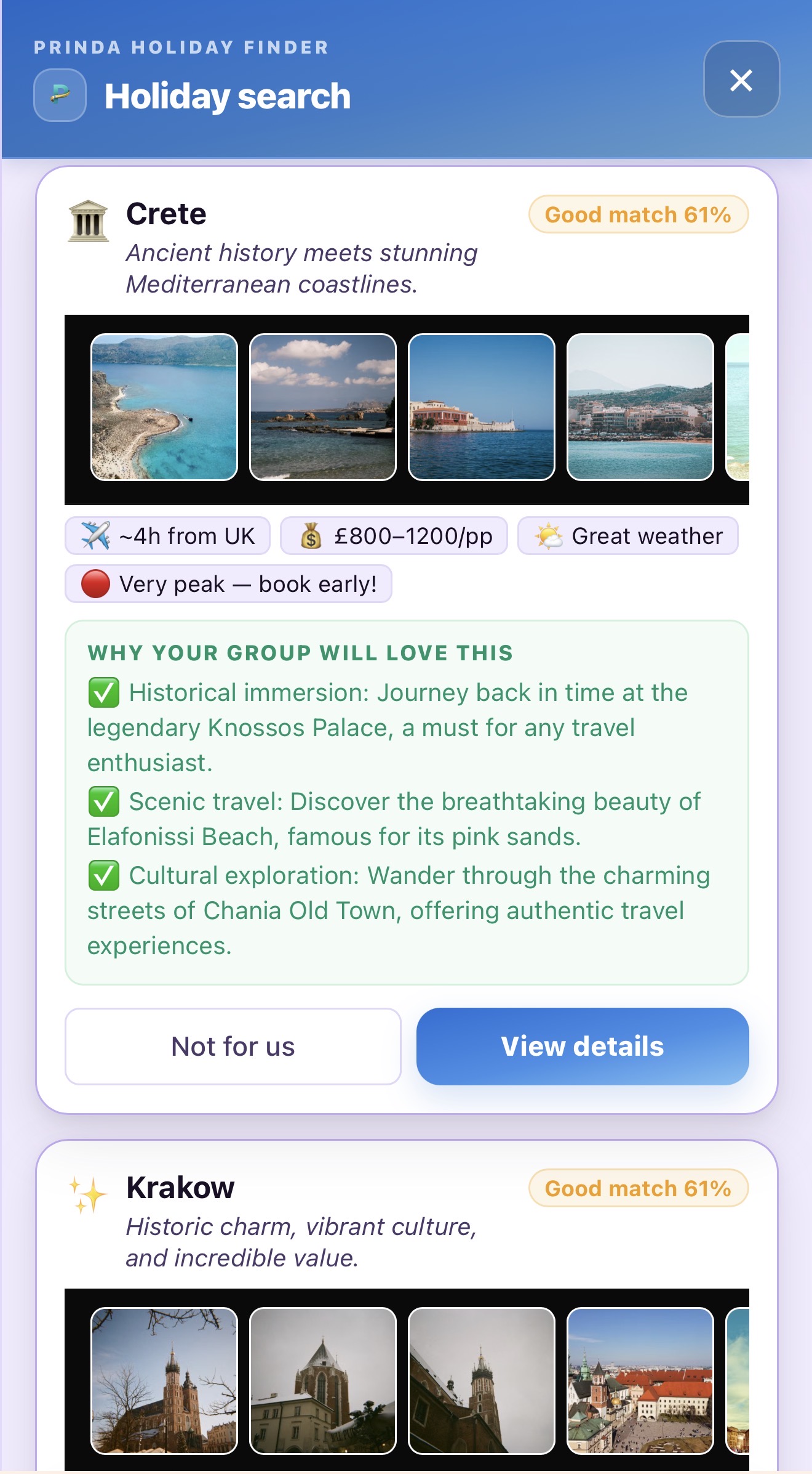 Prinda destination matches with group-fit reasons and travel imagery