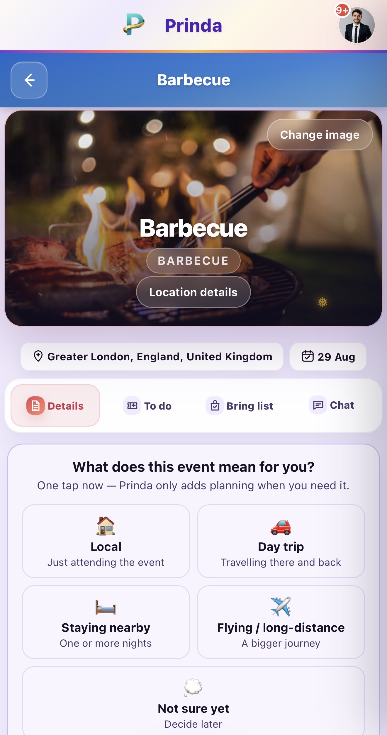 Prinda barbecue gathering workspace with details, tasks, bring list and chat