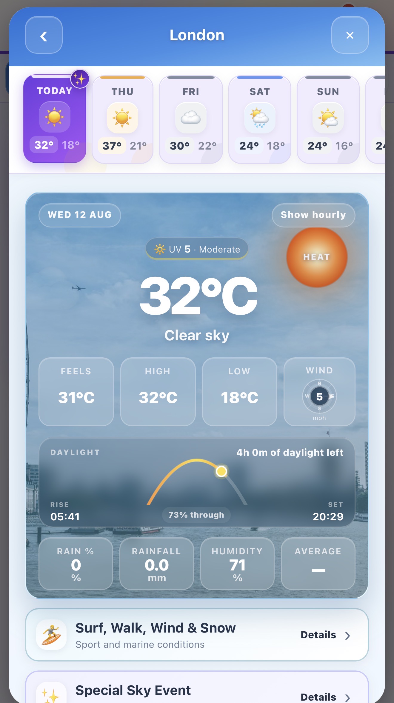 Prinda weather intelligence showing hourly conditions and activity guidance