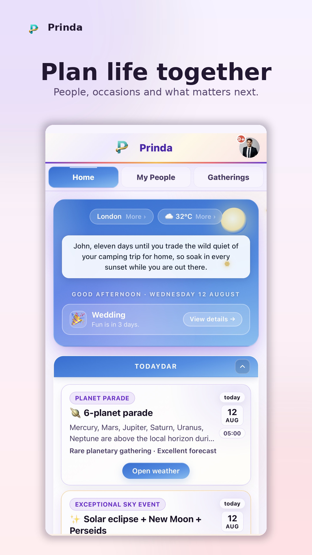 Prinda home screen showing personal occasions and practical daily planning